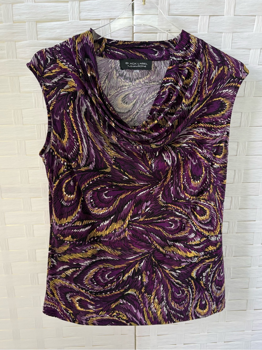 Black Label by Evan Picone M Purple Swirl Cowl-Neck Sleeveless Top Career NWT